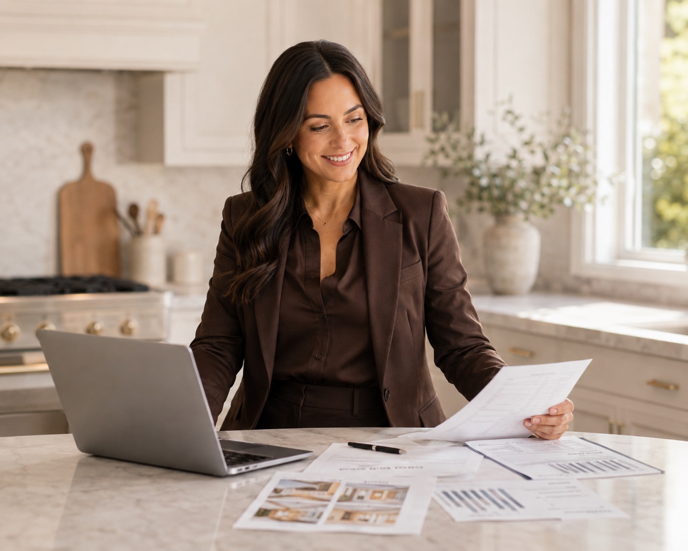 Wanita going over comparable sales at a kitchen island